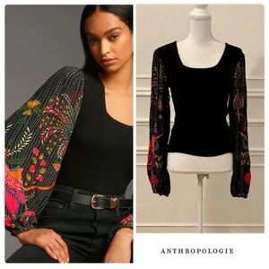 BLANK LONDON Chic Boho Black Knit Top with Colorful Floral Print Balloon Sleeves